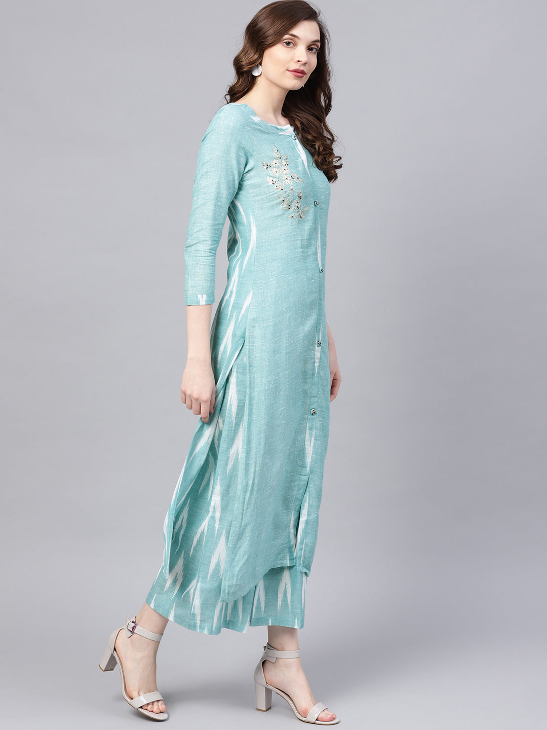 Ishin Women's Cotton Sea Green Embroidered A-Line Kurta Palazzo Set