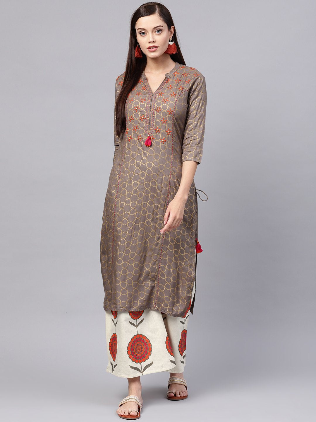 Bahaar- Grey and Red Kurta and Palazzo Set