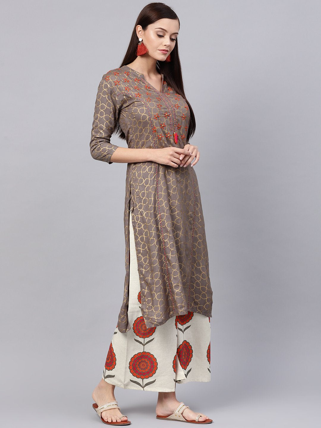 Ishin Women's Rayon Grey & Off White Embroidered A-Line Kurta Palazzo Set