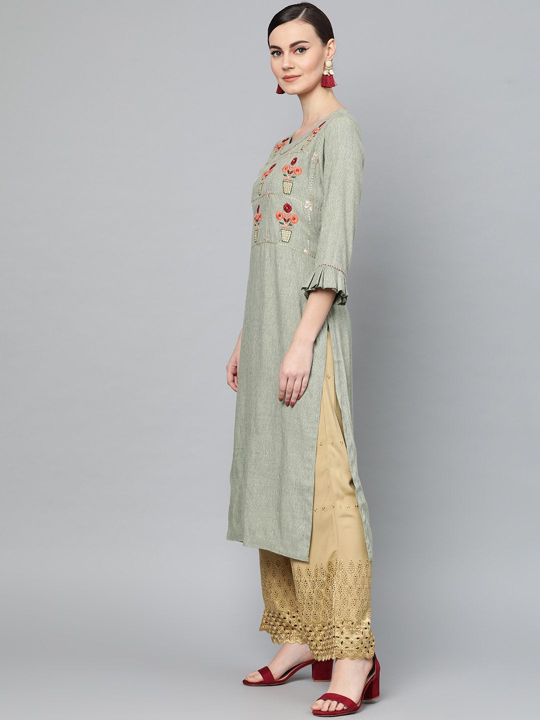 Ishin Women's Rayon Green Embroidered A-Line Kurta Palazzo Set