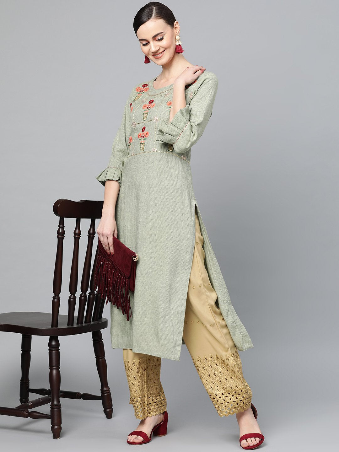 Ishin Women's Rayon Green & Beige Embroidered A-Line Kurta Palazzo Set