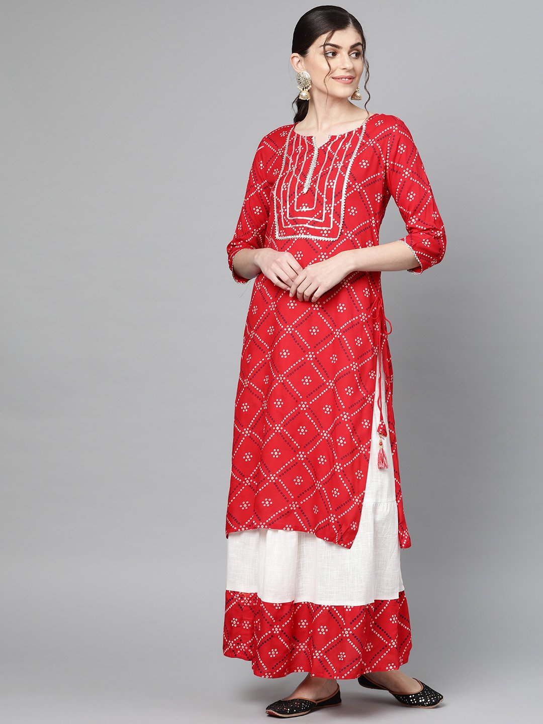 Ishin Women's Cotton Red & White Bandhani Gota Patti A-Line Kurta Skirt Set