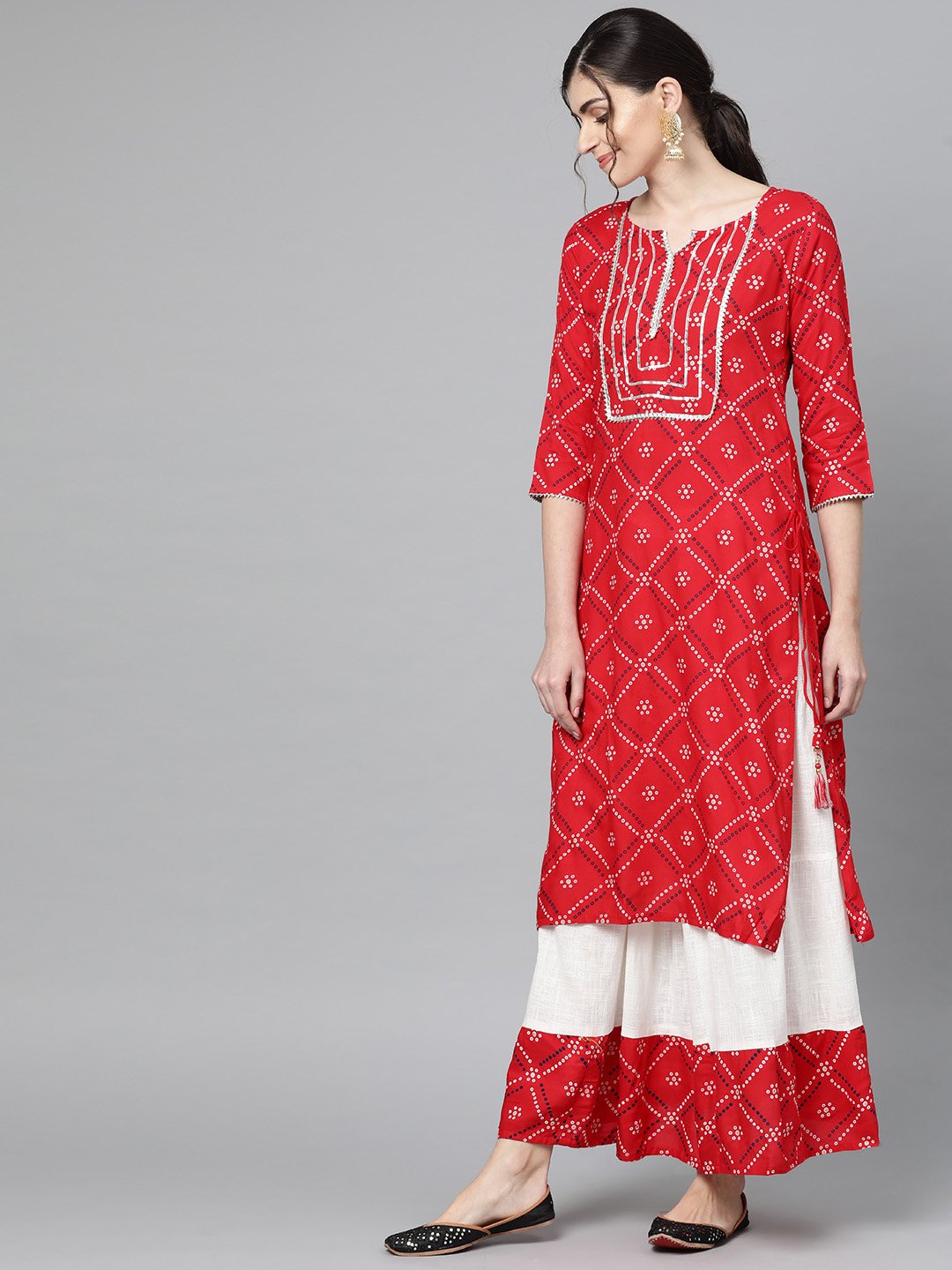 Ishin Women's Cotton Red & White Bandhani Gota Patti A-Line Kurta Skirt Set