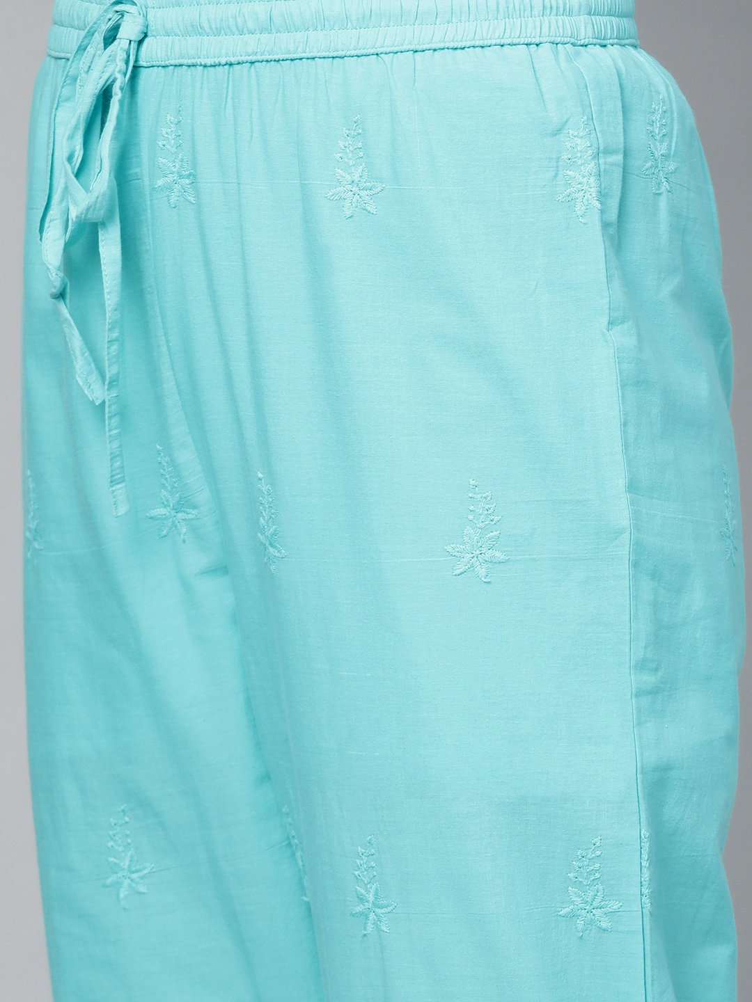 Ishin Women's Cotton Light Blue Embroidered A-Line Kurta Palazzo Set