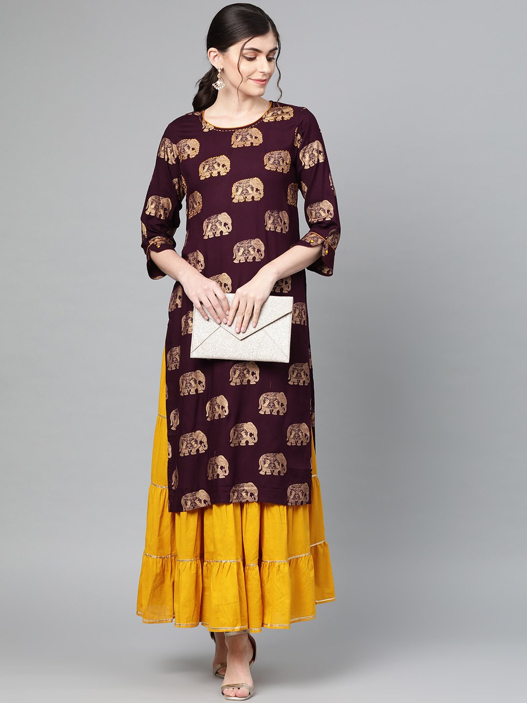 Ishin Women's Rayon Burgundy & Mustard Yellow Foil Print Embroidered A-Line Kurta Skirt Set