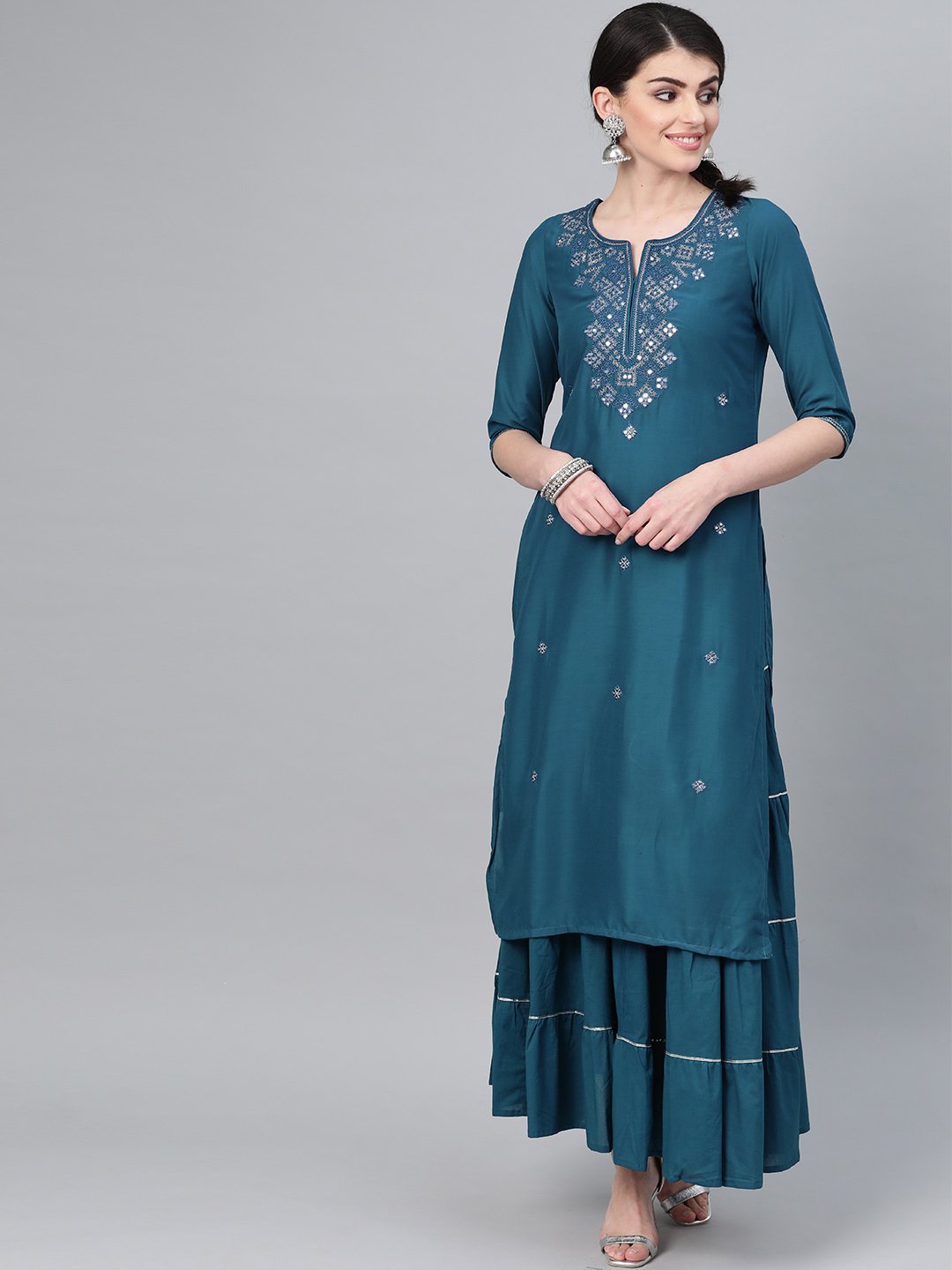 Ishin Women's Silk Blend Teal Embroidered A-Line Kurta Skirt Set