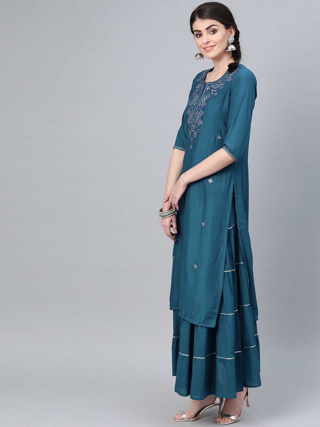 Ishin Women's Silk Blend Teal Embroidered A-Line Kurta Skirt Set