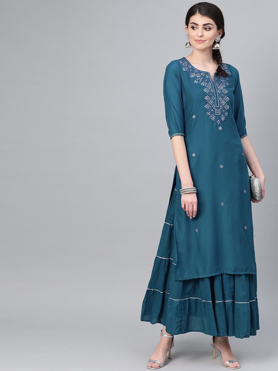 Ishin Women's Silk Blend Teal Embroidered A-Line Kurta Skirt Set