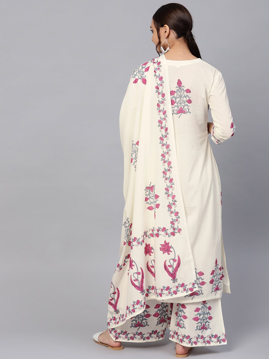 Ishin Women's Cotton Off White Printed A-Line Kurta Palazzo Dupatta Set