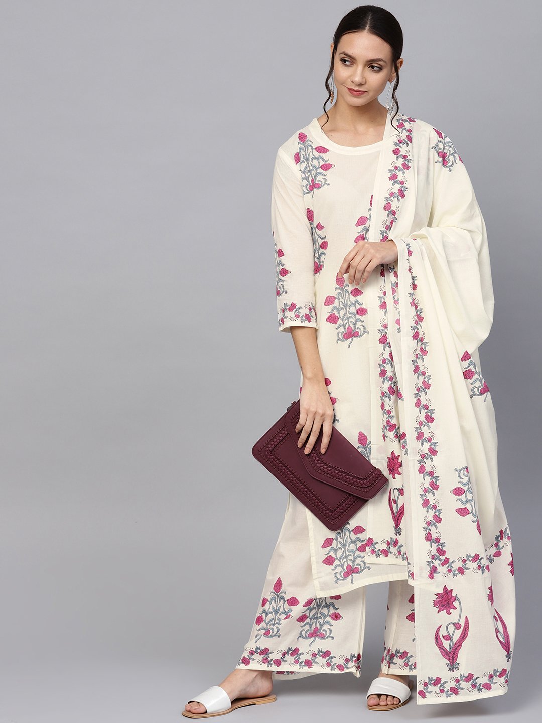 Ishin Women's Cotton Off White Printed A-Line Kurta Palazzo Dupatta Set