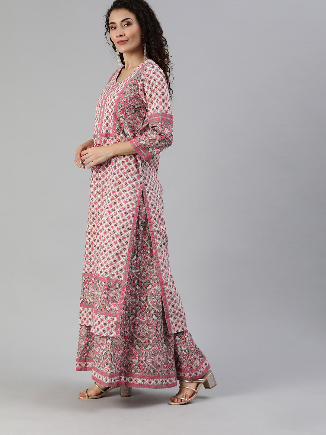 Ishin Women's Pink Yoke Design A-Line Kurta Sharara Set