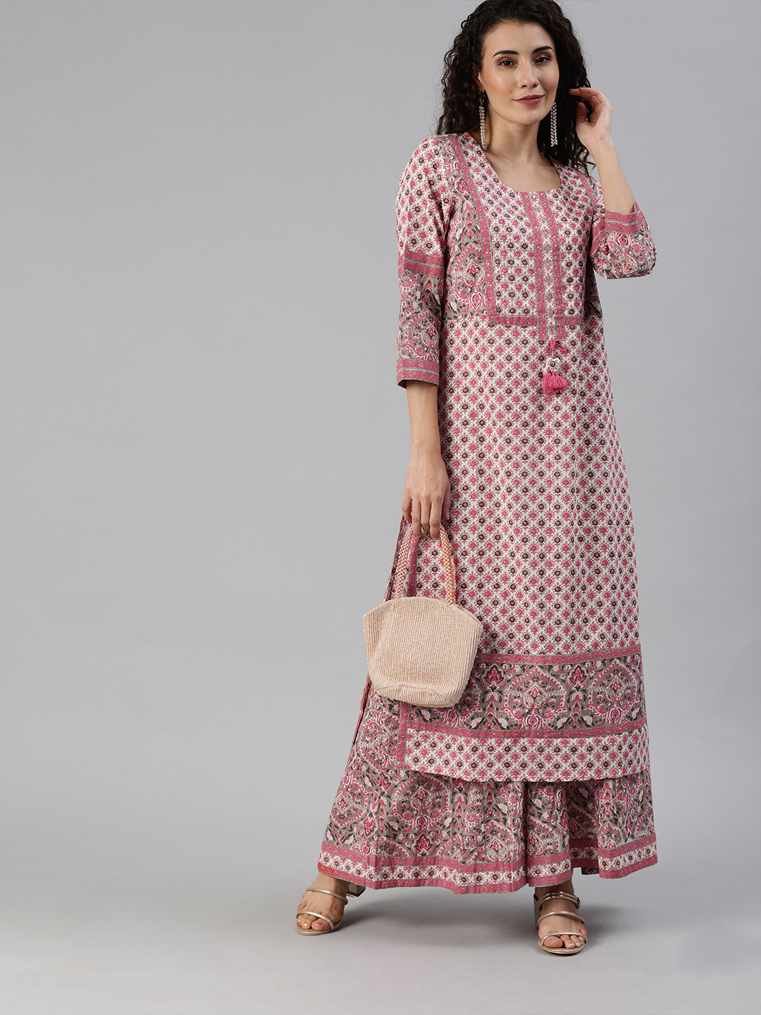 Ishin Women's Pink Yoke Design A-Line Kurta Sharara Set