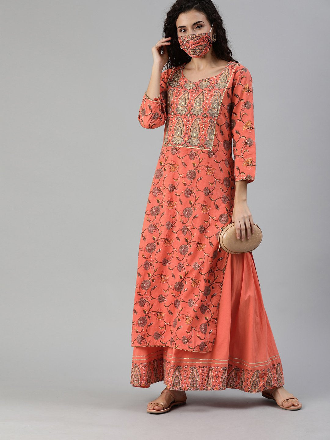 Ishin Women's Orange Yoke Design A-Line Kurta Sharara Set