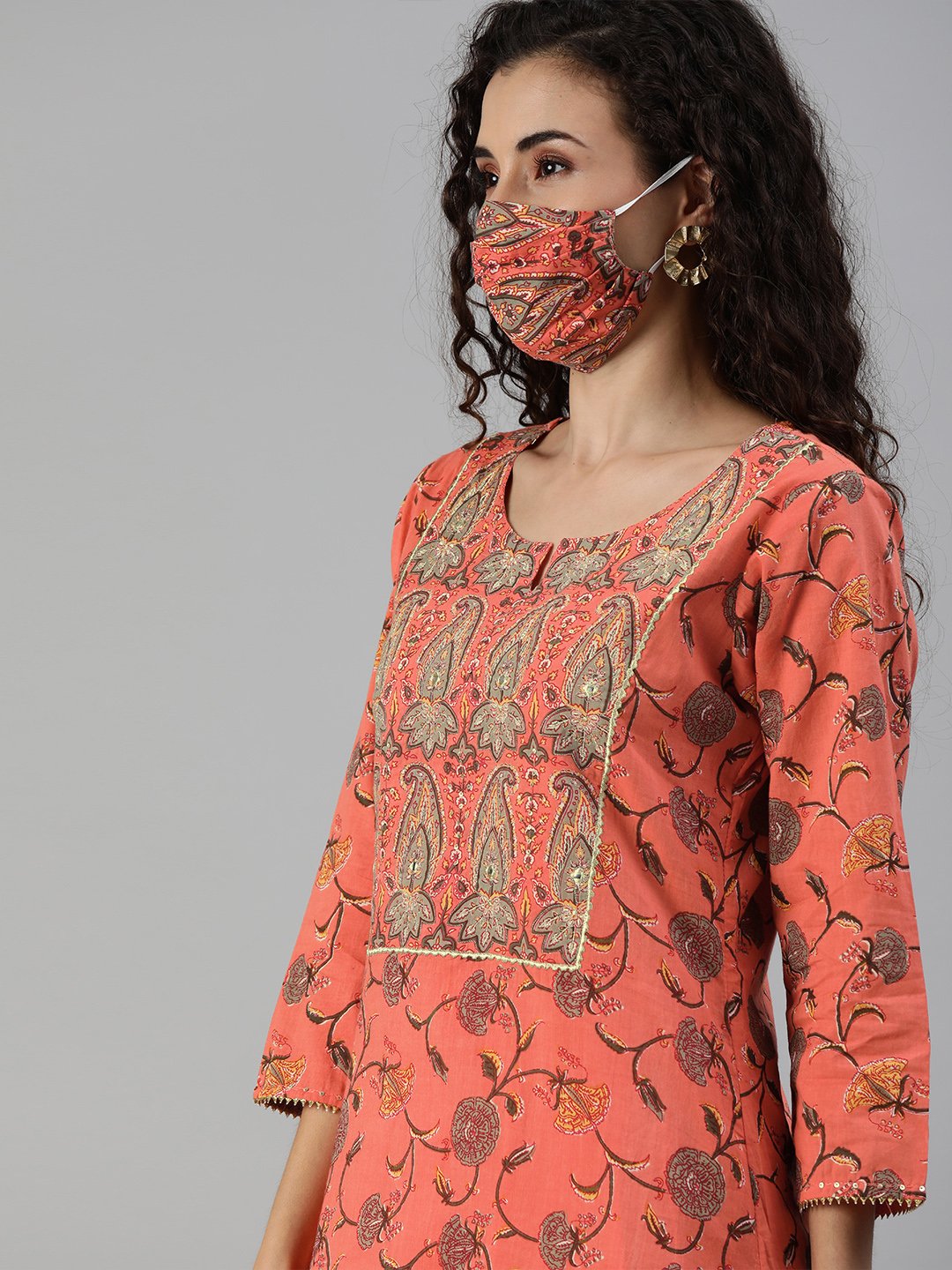 Ishin Women's Orange Yoke Design A-Line Kurta Sharara Set