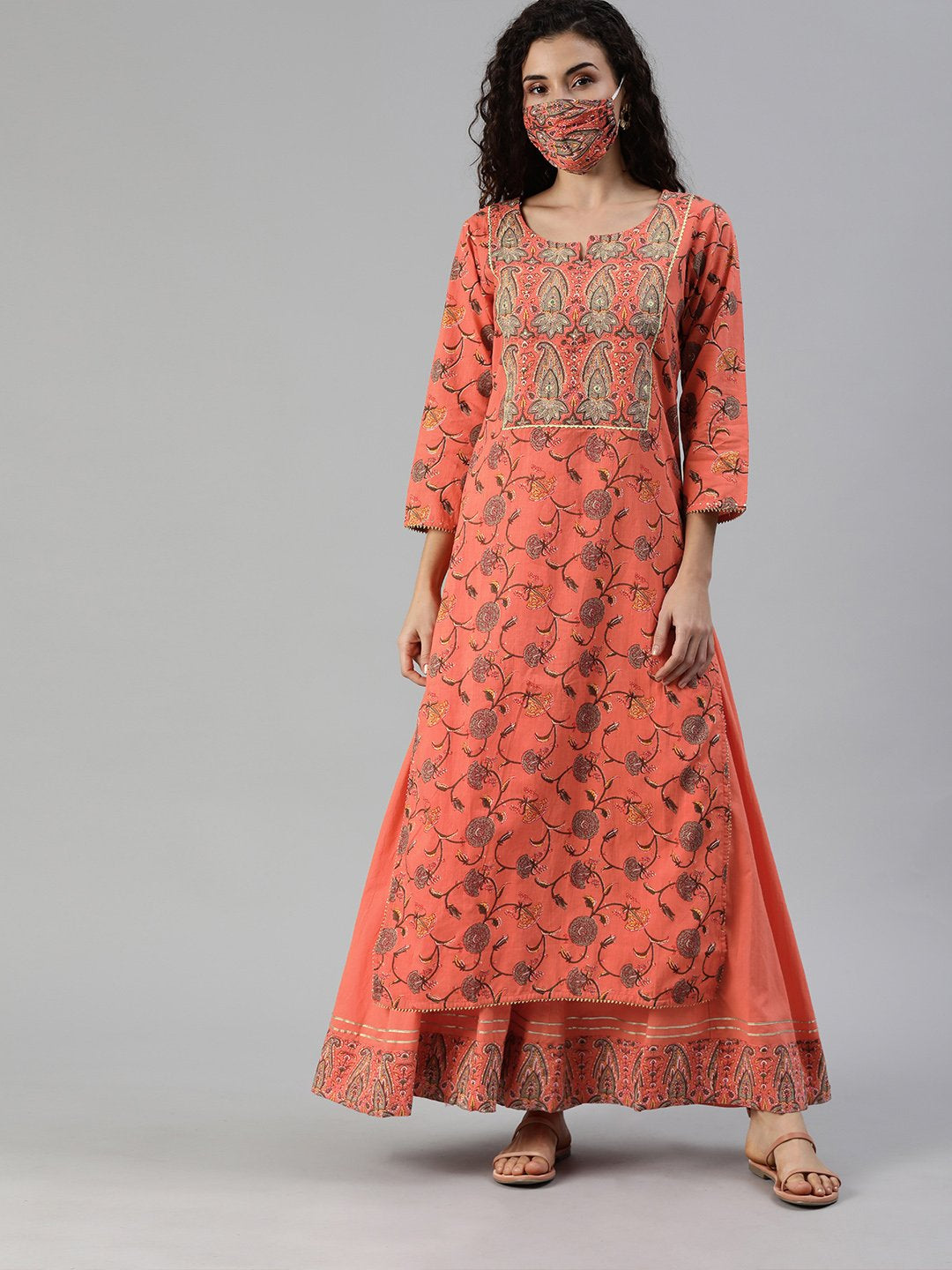 Ishin Women's Orange Yoke Design A-Line Kurta Sharara Set