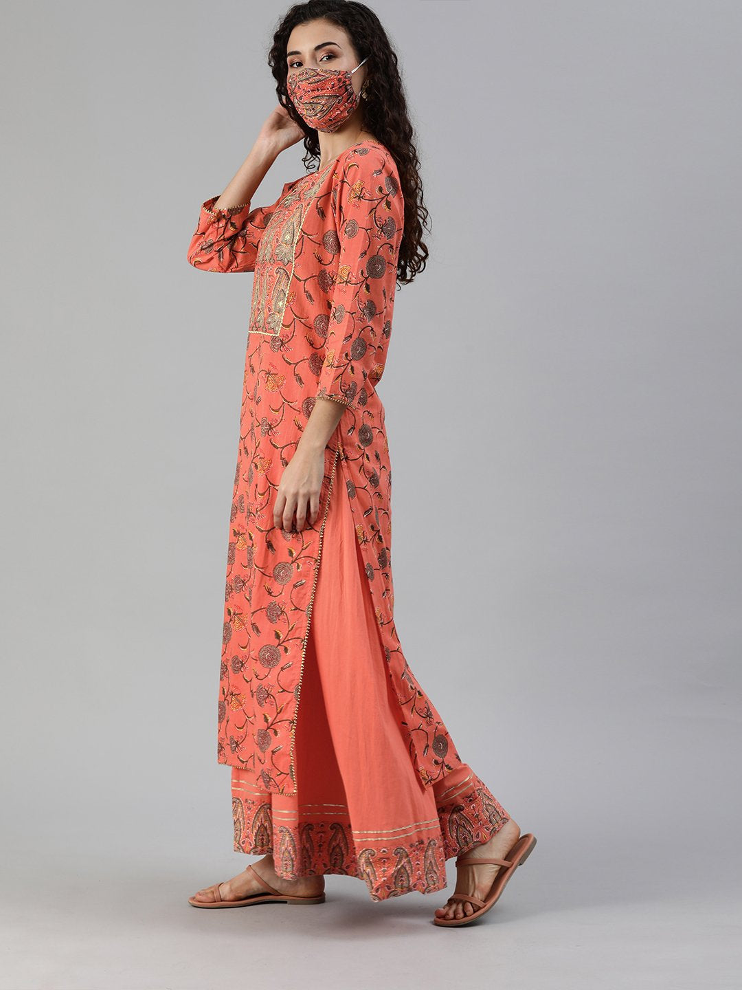 Ishin Women's Orange Yoke Design A-Line Kurta Sharara Set