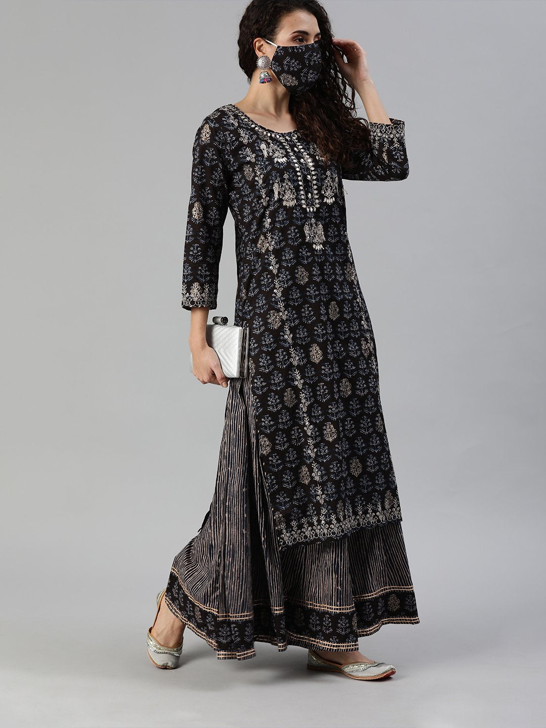 Ishin Women's Black Yoke Design A-Line Kurta Sharara Set