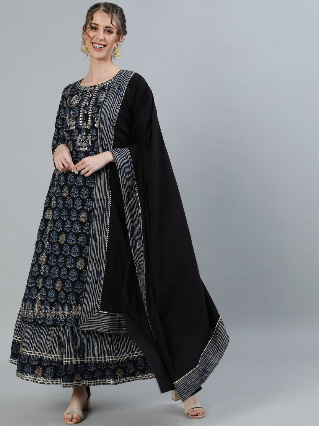 Ishin Women's Black Yoke Embroidered A-Line Kurta With Sharara & Dupatta