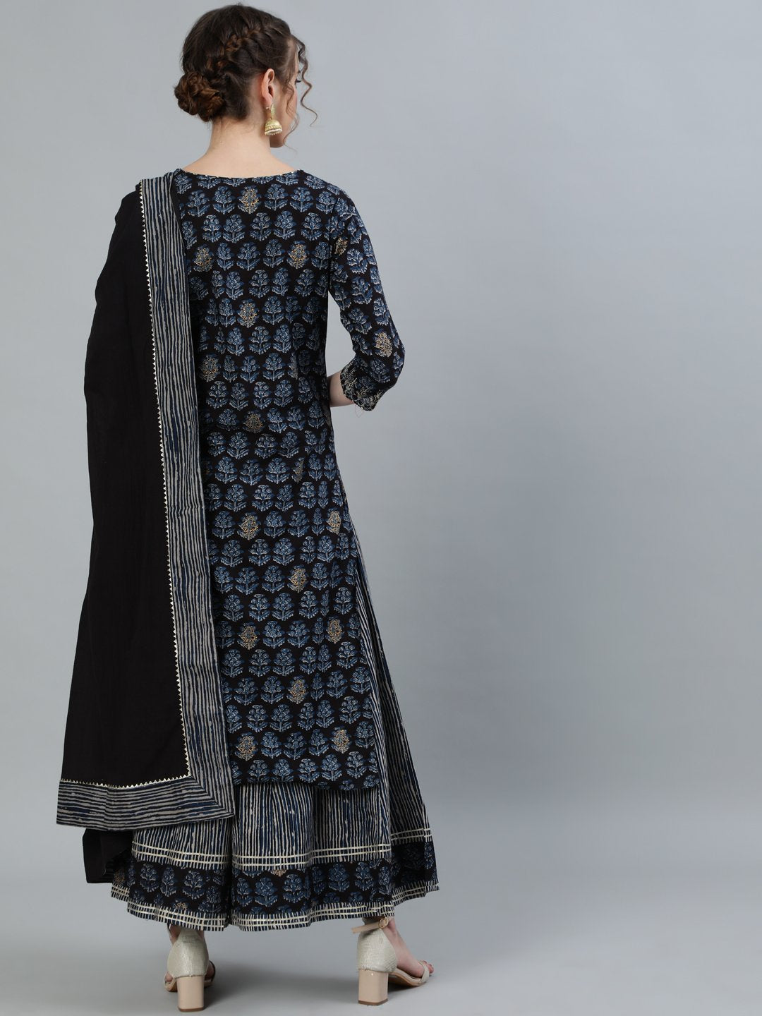 Ishin Women's Black Yoke Embroidered A-Line Kurta With Sharara & Dupatta