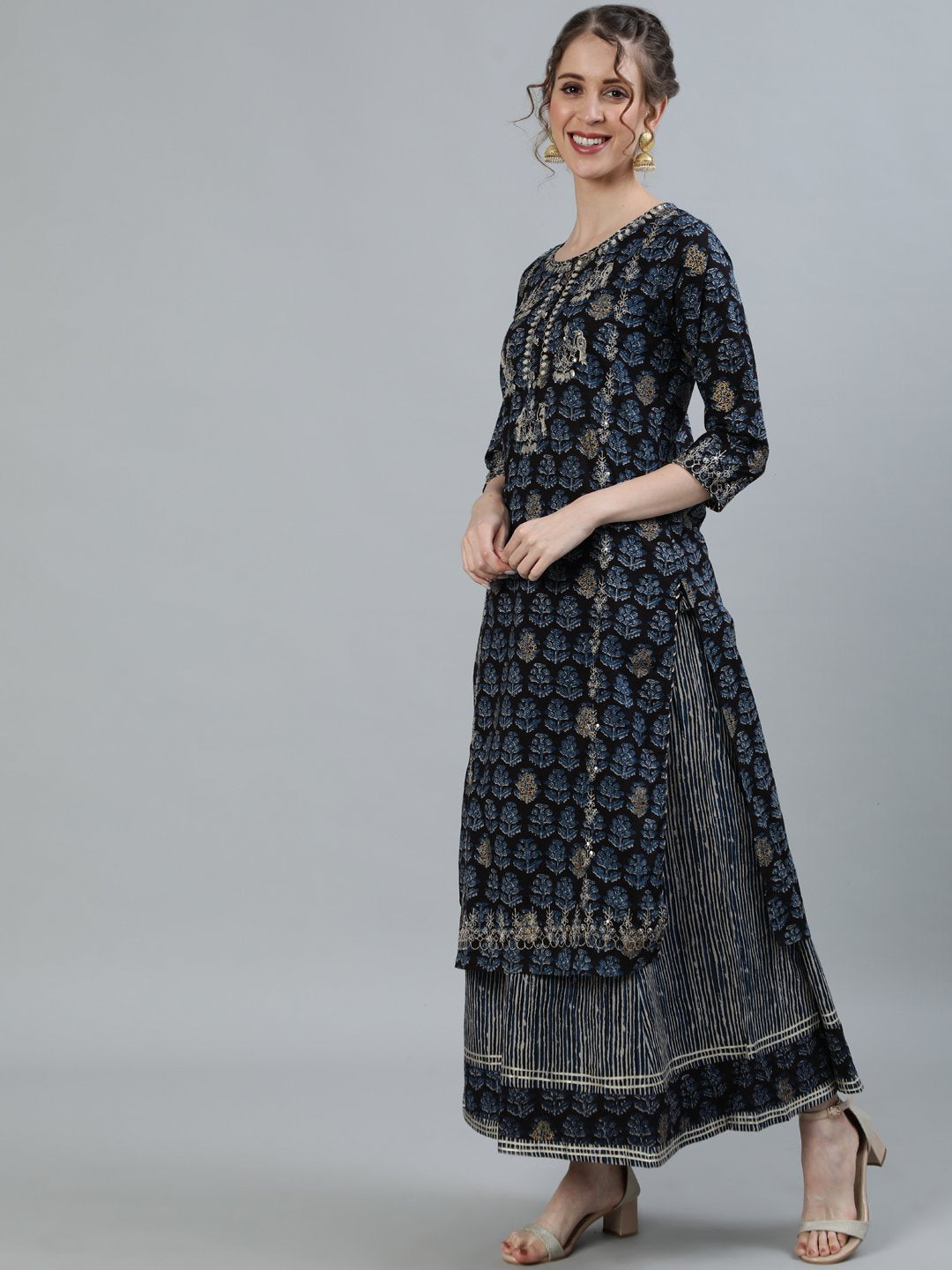 Ishin Women's Black Yoke Embroidered A-Line Kurta With Sharara & Dupatta