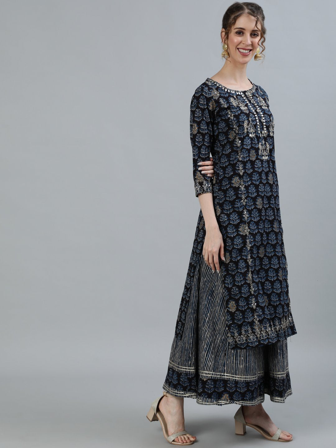 Ishin Women's Black Yoke Embroidered A-Line Kurta With Sharara & Dupatta