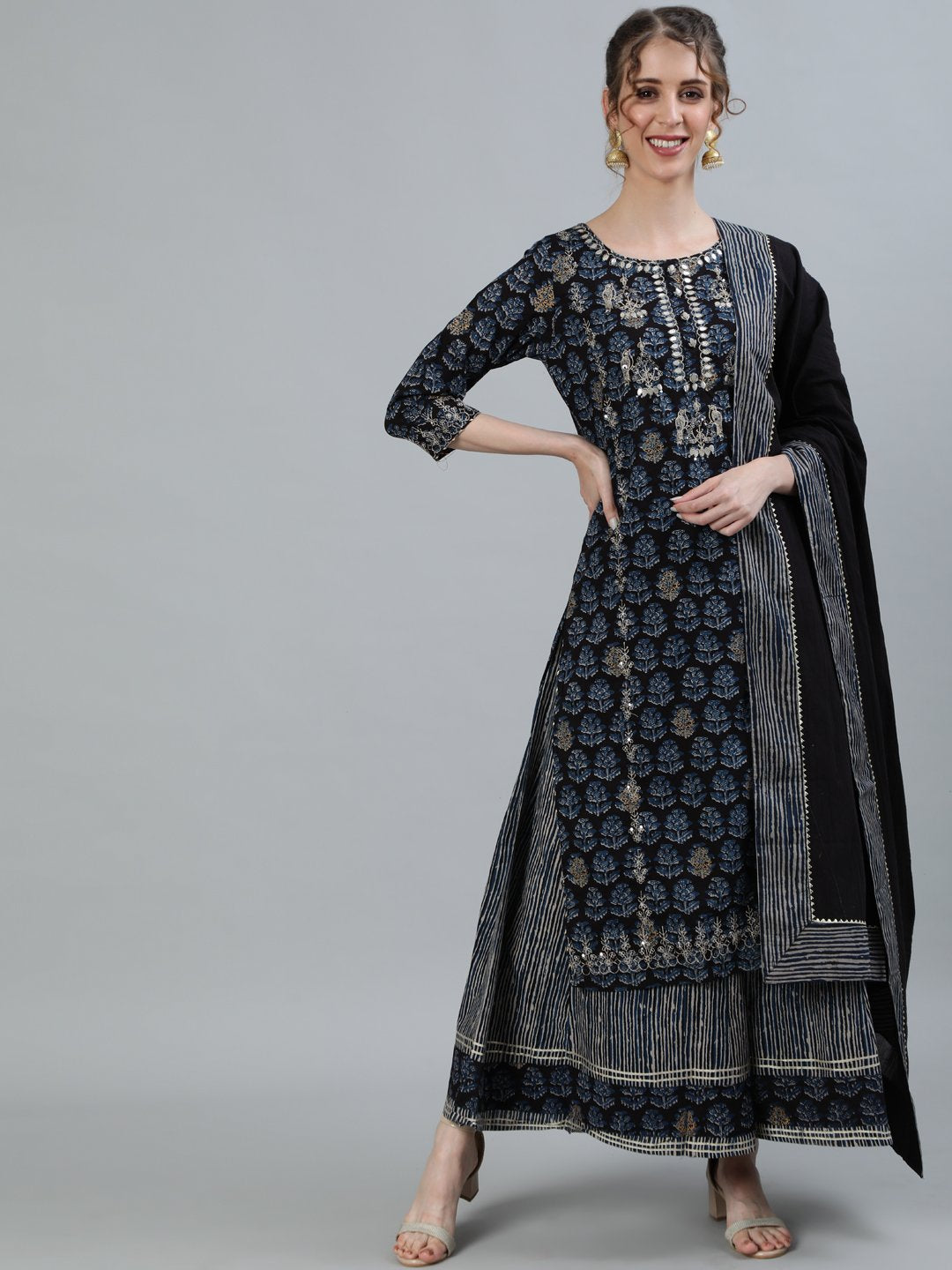 Ishin Women's Black Yoke Embroidered A-Line Kurta With Sharara & Dupatta