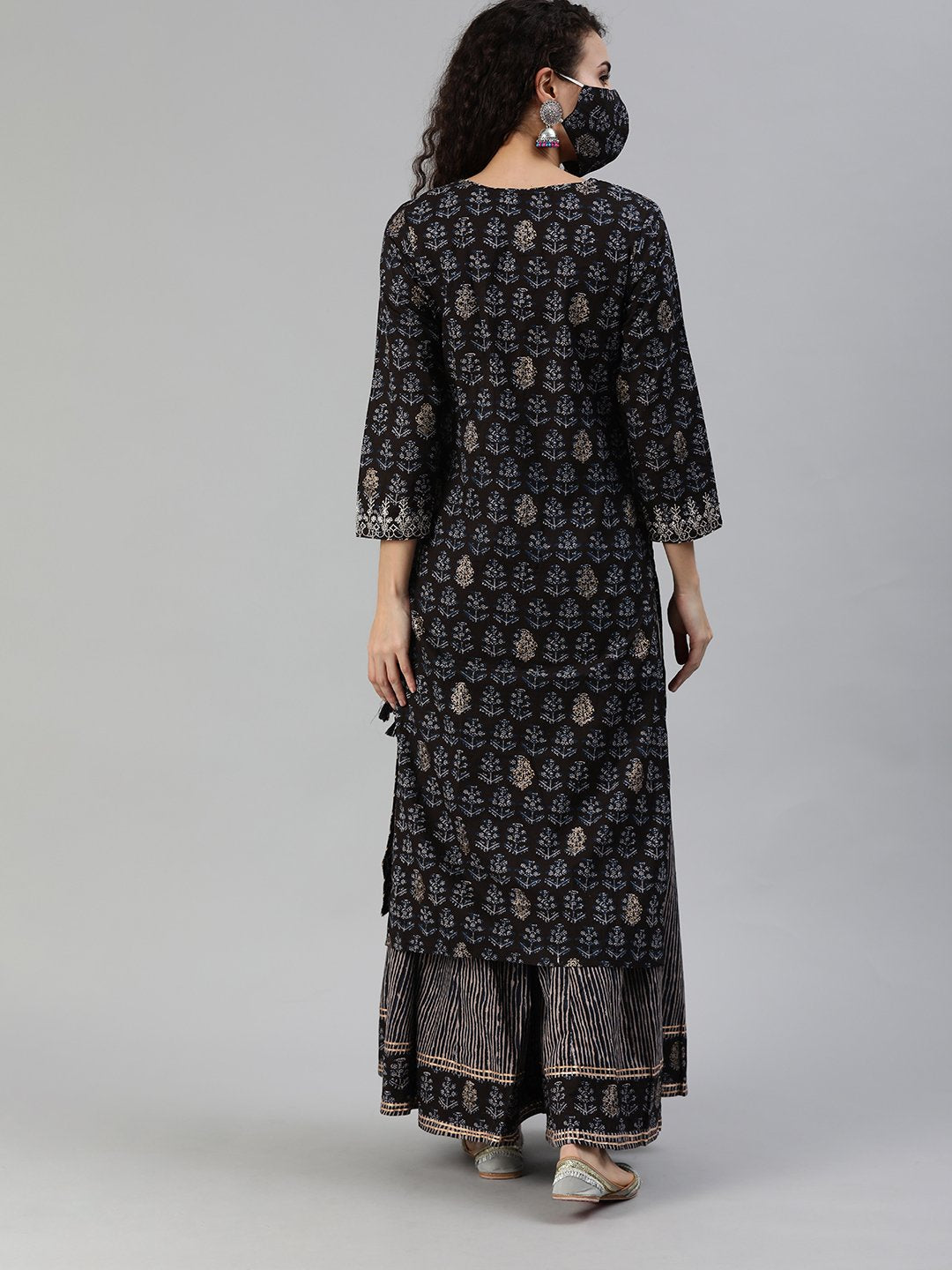 Ishin Women's Black Yoke Design A-Line Kurta Sharara Set