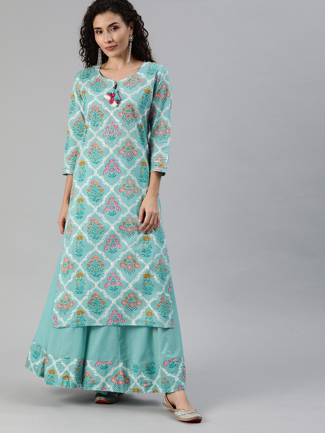 Ishin Women's Blue Printed Gota Patti A-Line Kurta Sharara Set