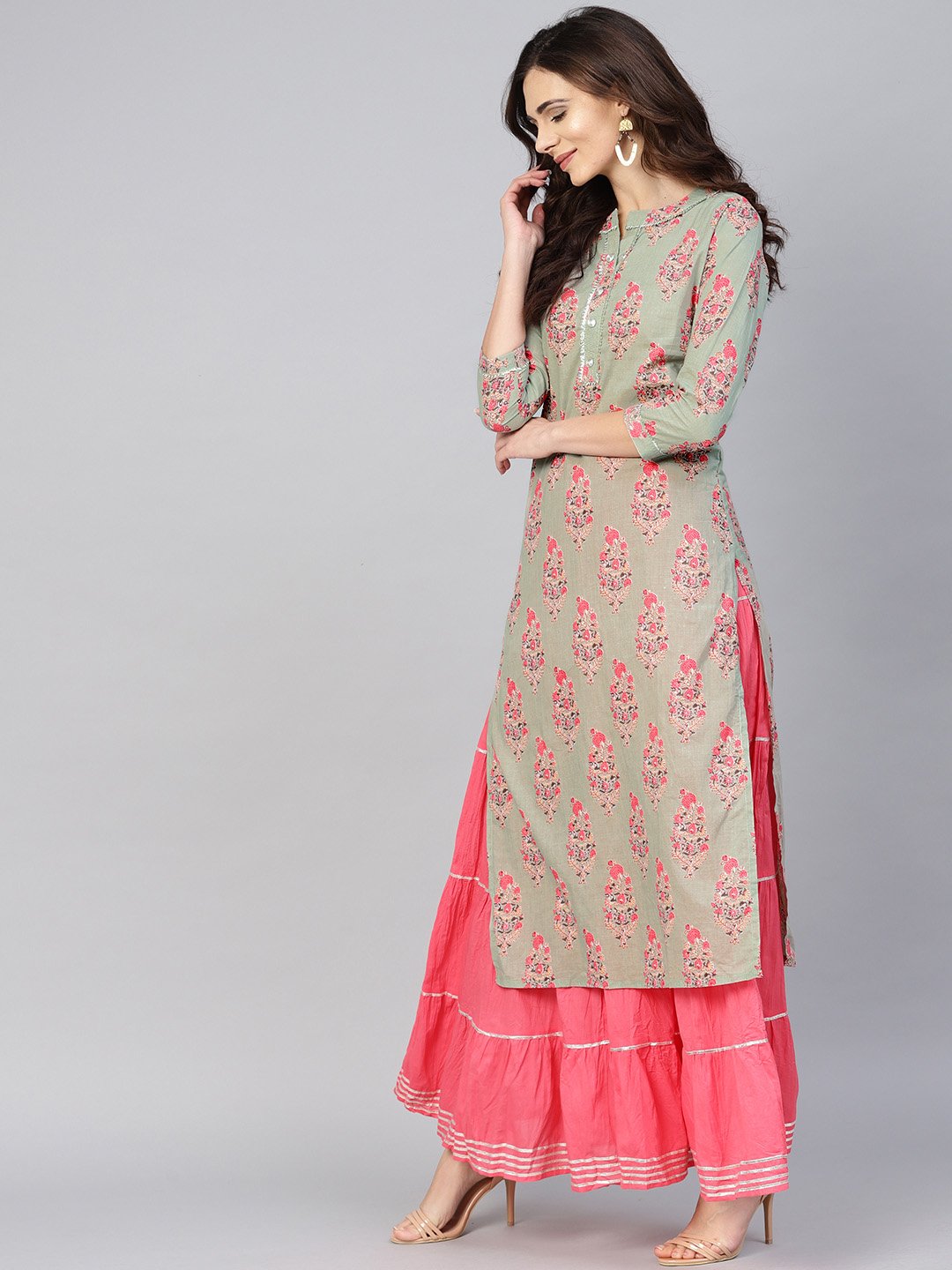 Ishin Women's Cotton Sea Green & Pink Printed A-Line Kurta Skirt Set