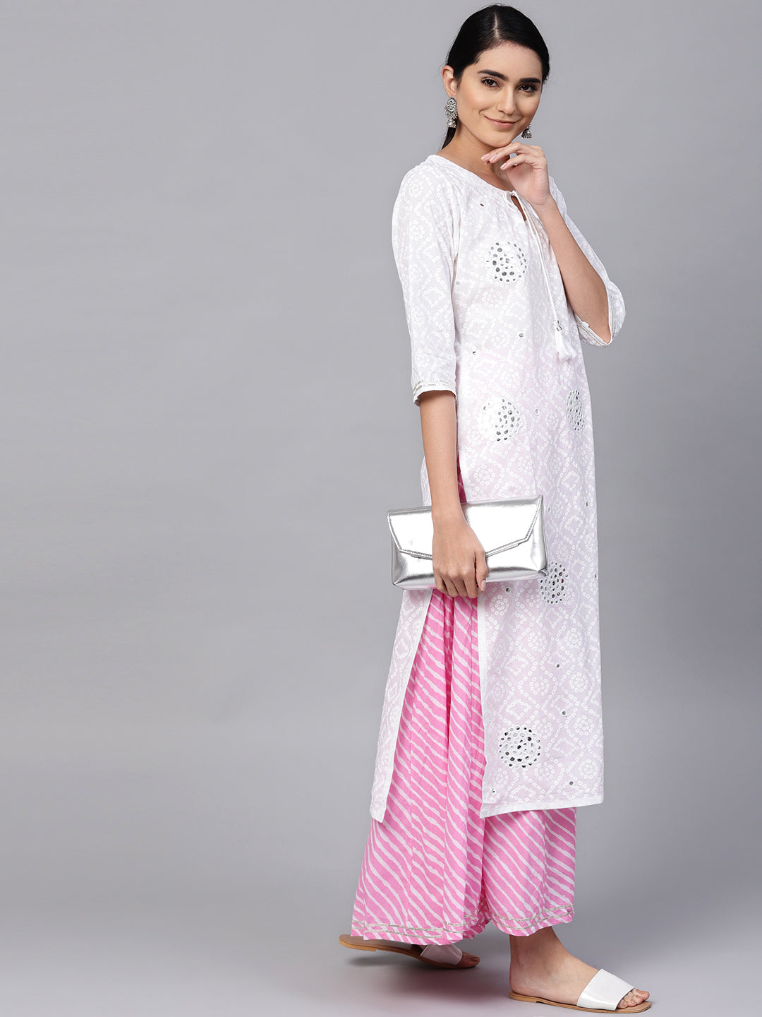 Ishin Women's Cotton White & Pink Embellished A Line Kurta Sharara Set