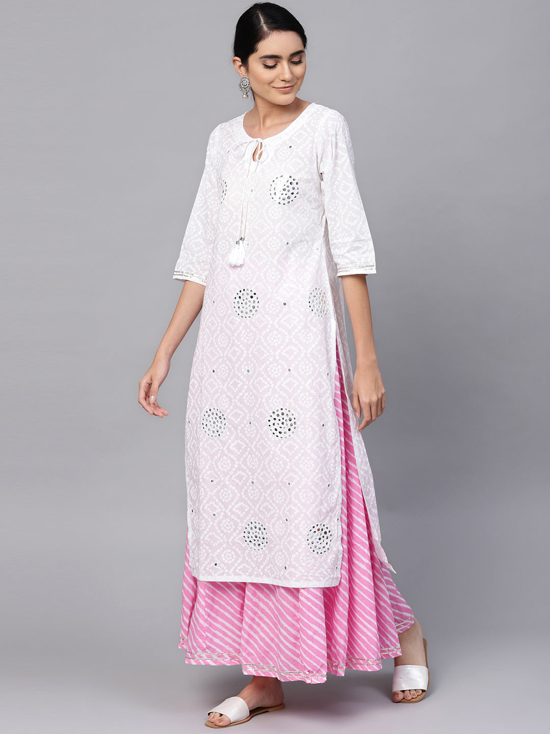 Ishin Women's Cotton White & Pink Embellished A Line Kurta Sharara Set