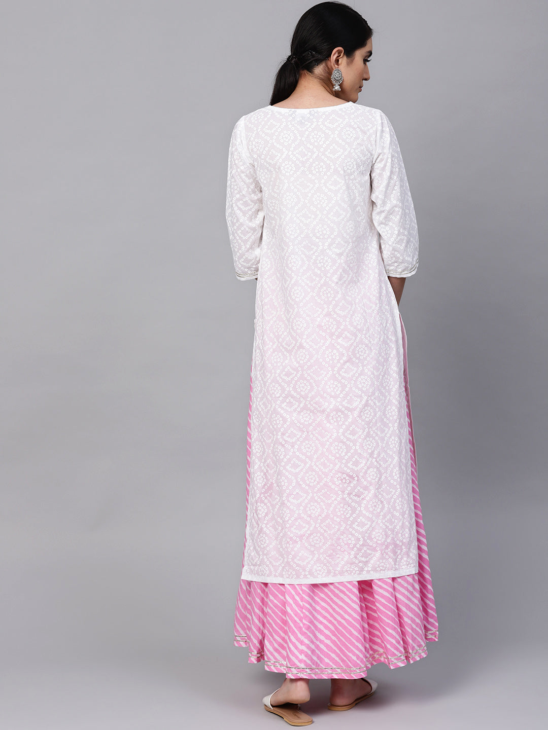 Ishin Women's Cotton White & Pink Embellished A Line Kurta Sharara Set