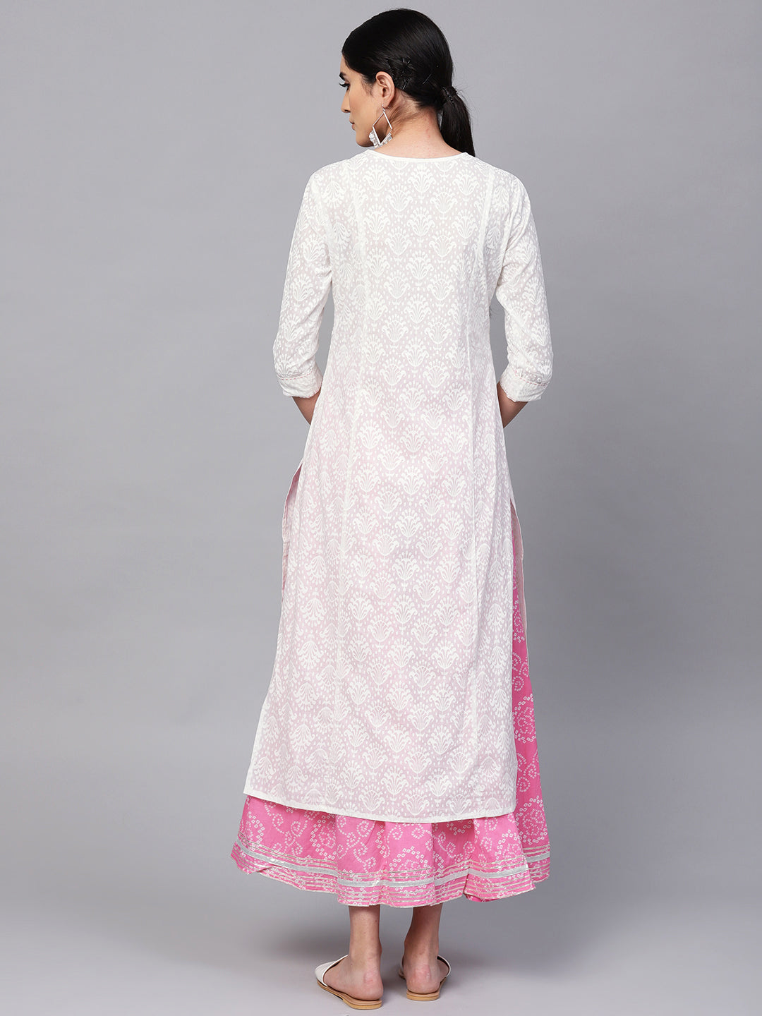 Ishin Women's Cotton White & Pink Embellished A Line Kurta Sharara Set