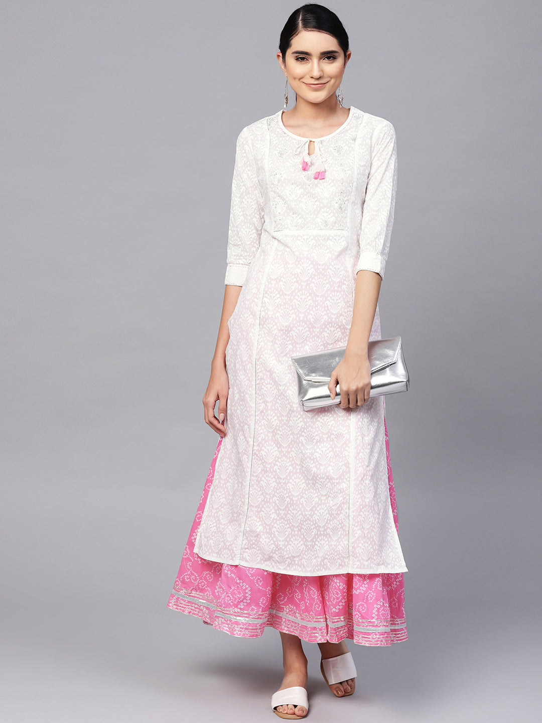 Ishin Women's Cotton White & Pink Embellished A Line Kurta Sharara Set