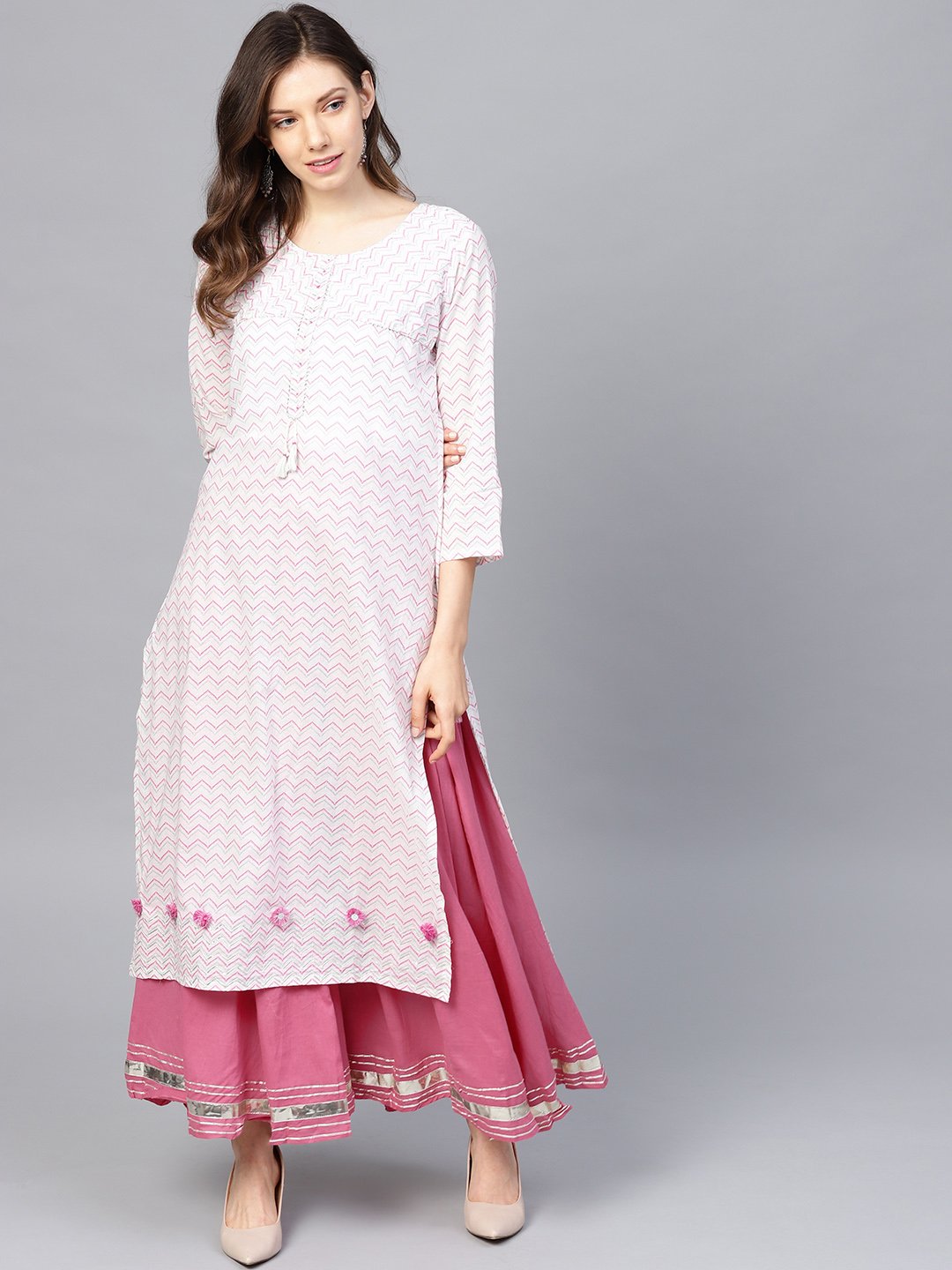 Ishin Women's Cotton White & Pink Printed With Gotta Patti A-Line Kurta Sharara Set