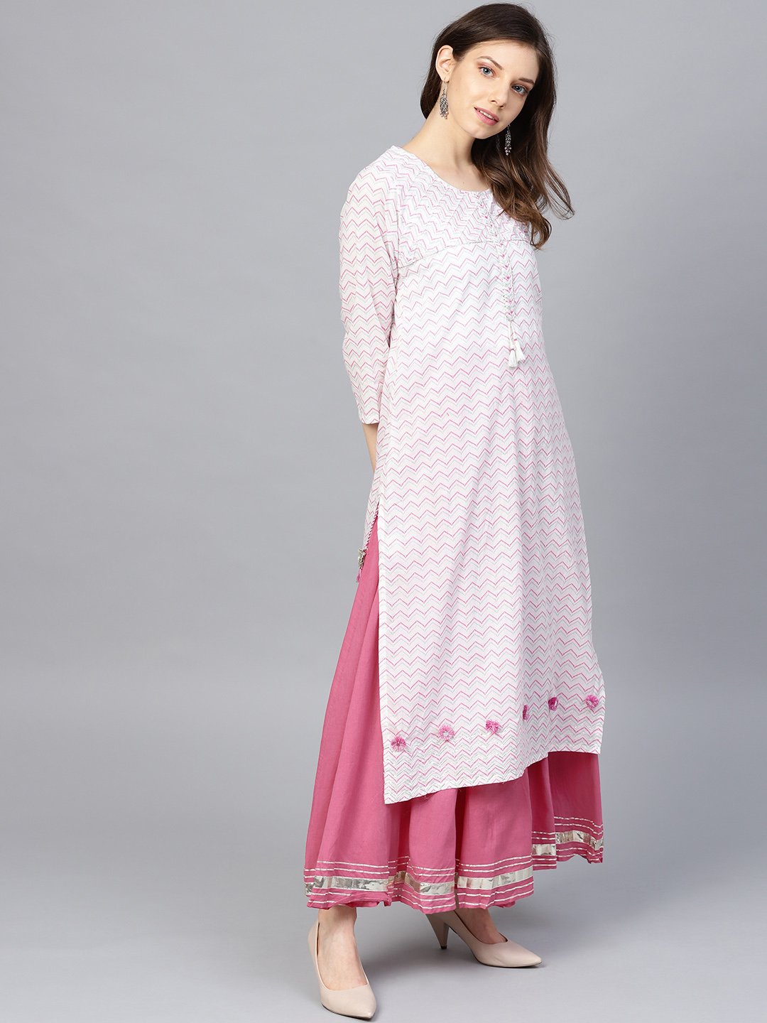 Ishin Women's Cotton White & Pink Printed With Gotta Patti A-Line Kurta Sharara Set