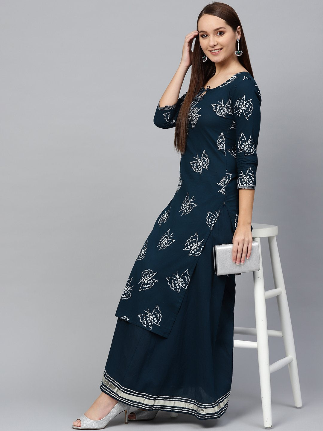 Ishin Women's Cotton Navy Blue Bandhani Printed Embellished A-Line Kurta Sharara Set