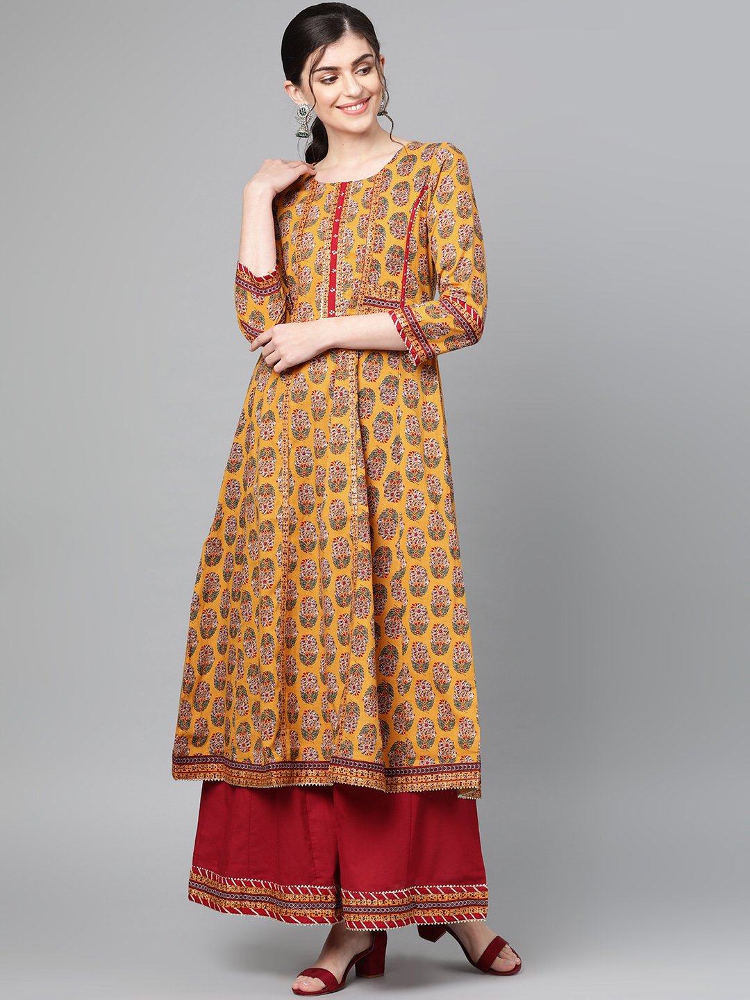 Ishin Women's Cotton Mustard Maroon Printed With Gota Patti Anarkali Kurta Palazzo Set