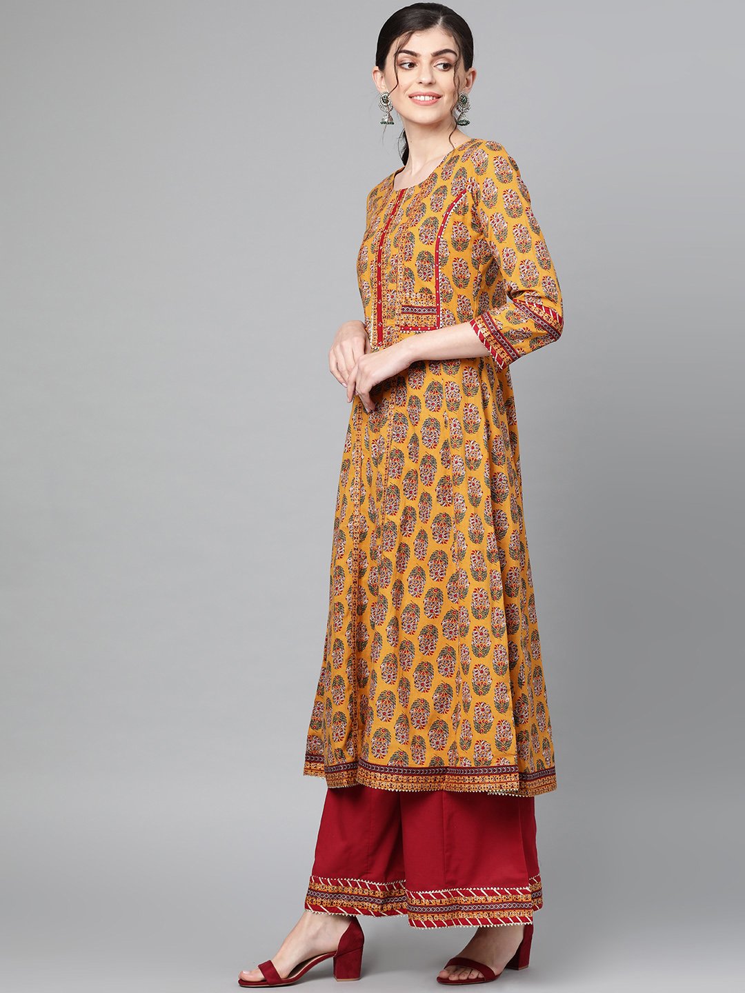 Ishin Women's Cotton Mustard Maroon Printed With Gota Patti Anarkali Kurta Palazzo Set