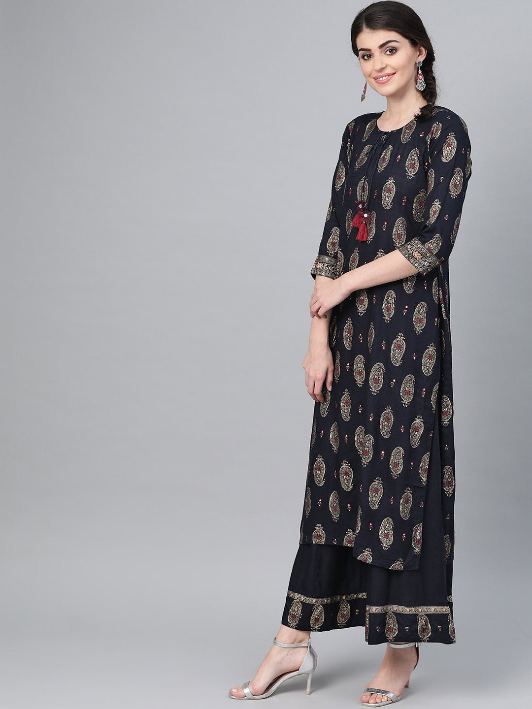 Ishin Women's Rayon Navy Blue Embroidered A-Line Kurta Palazzo Set