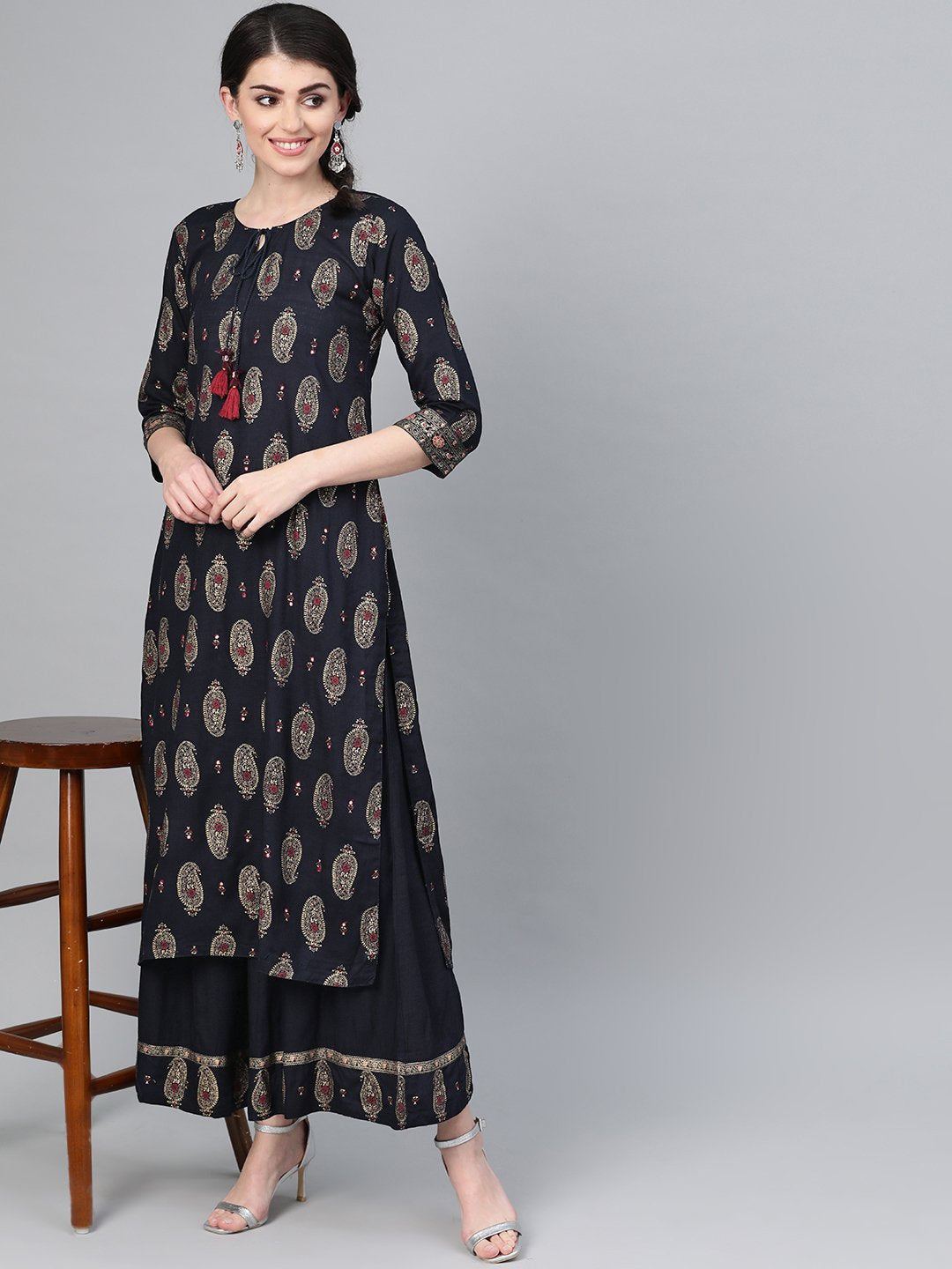 Ishin Women's Rayon Navy Blue Embroidered A-Line Kurta Palazzo Set