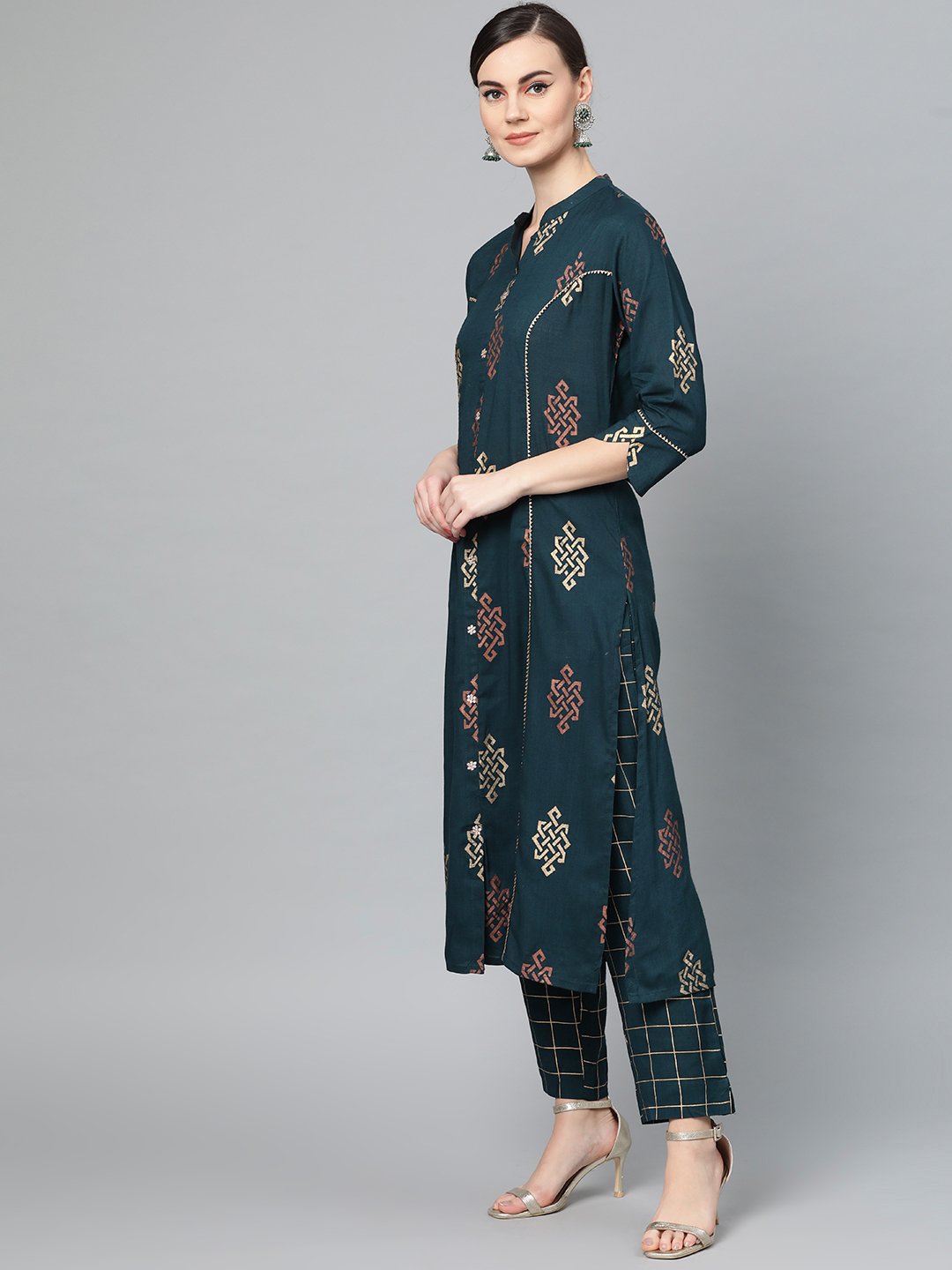 Ishin Women's Cotton Green Foil Printed With Gota Patti A-Line Kurta Trouser Set