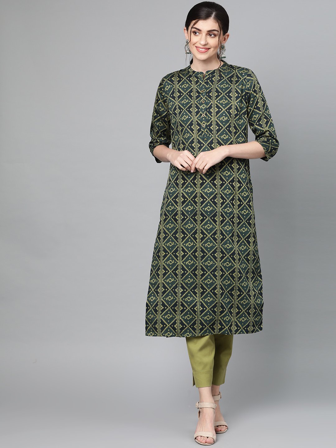 Ishin Women's Silk Blend Green Printed A-Line Kurta Trouser Set