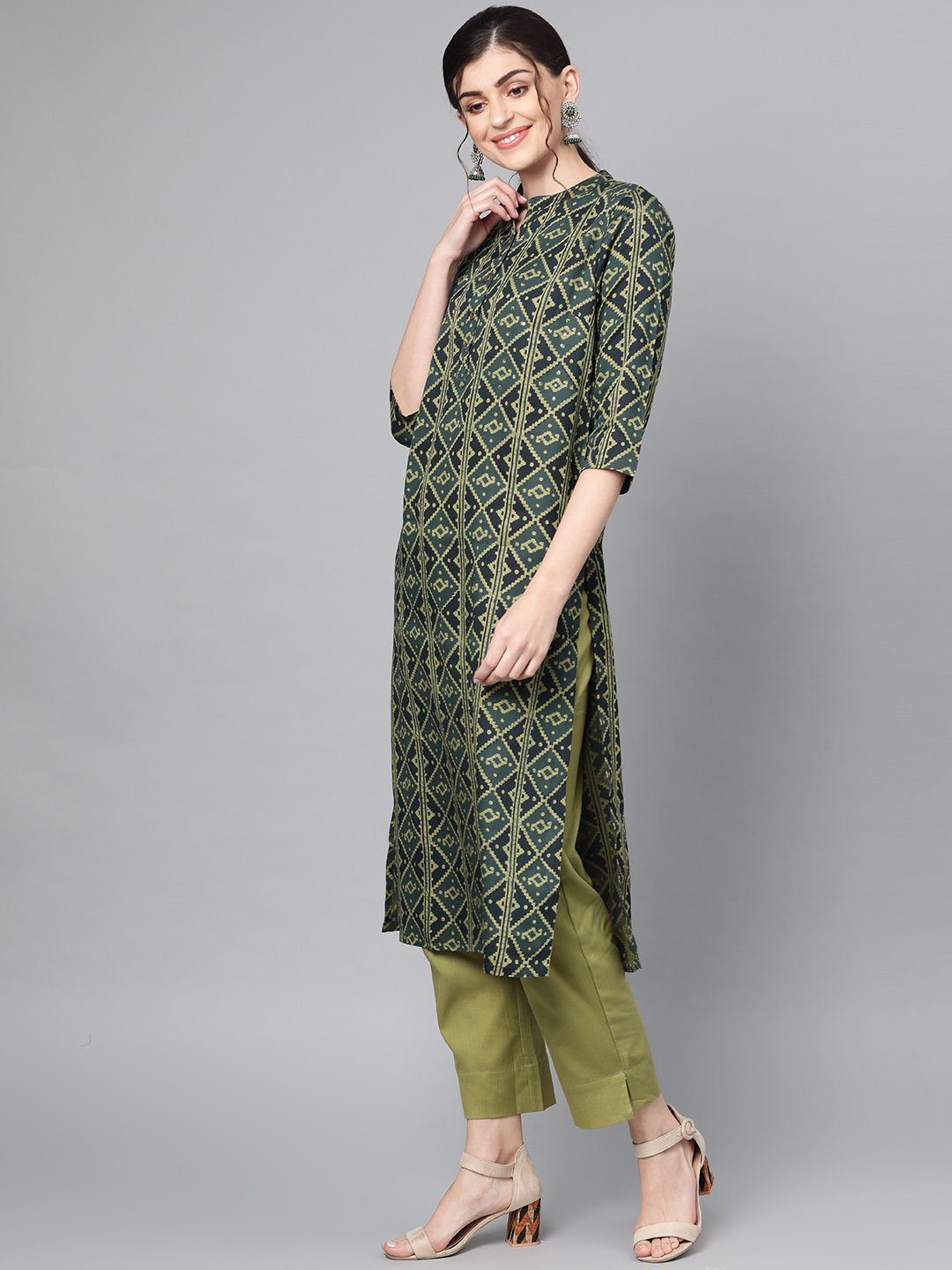 Ishin Women's Silk Blend Green Printed A-Line Kurta Trouser Set