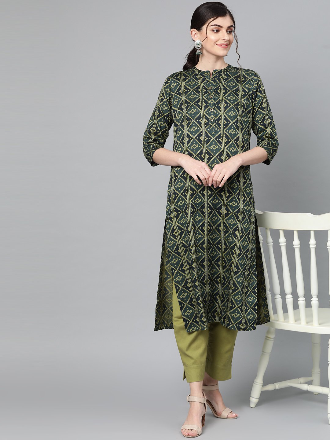 Ishin Women's Silk Blend Green Printed A-Line Kurta Trouser Set