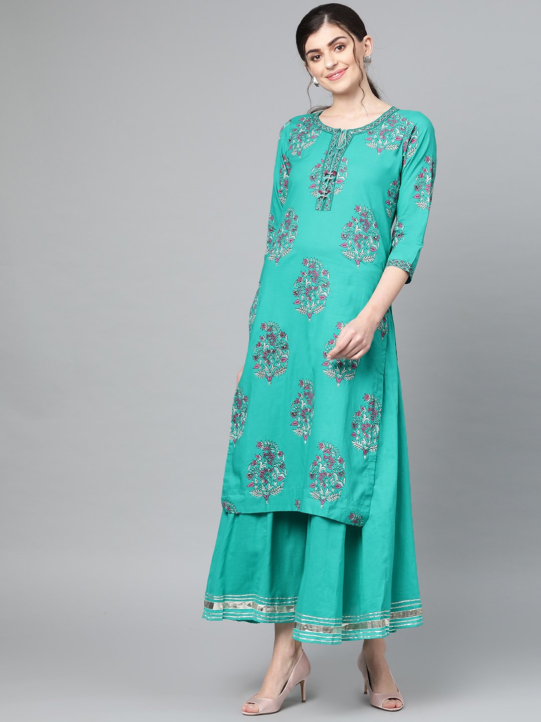 Ishin Women's Cotton Green Printed A-Line Kurta Palazzo Set