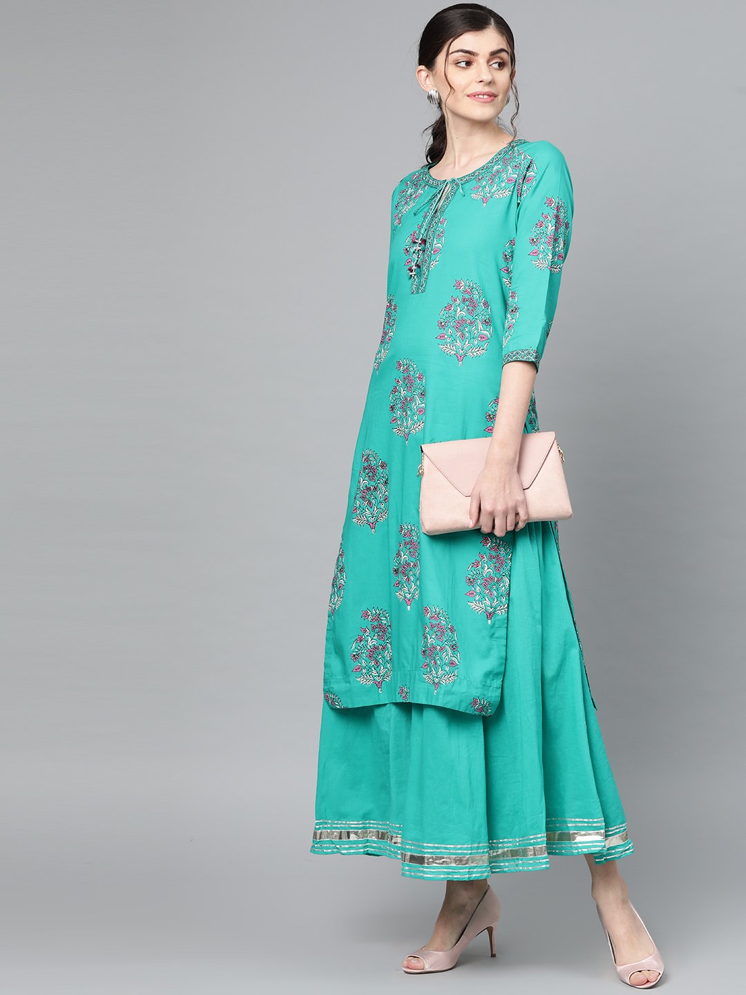 Ishin Women's Cotton Green Printed A-Line Kurta Palazzo Set