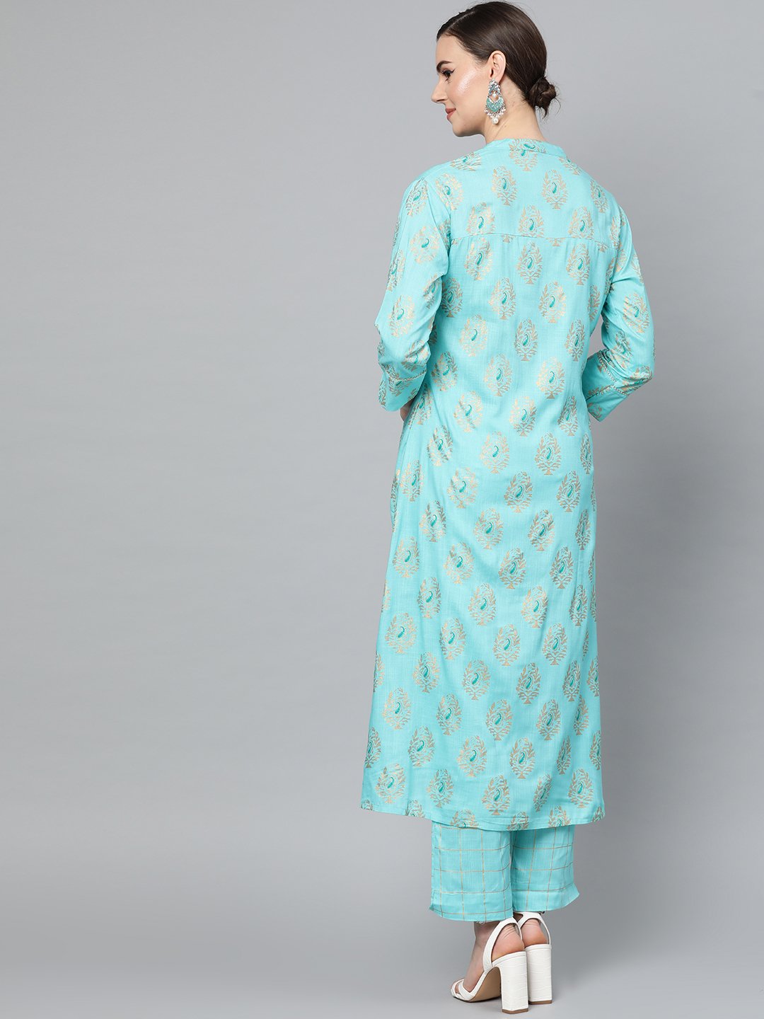 Ishin Women's Cotton Blue Foil Printed A-Line Kurta Trouser Set