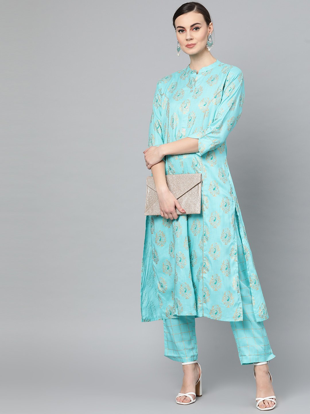 Ishin Women's Cotton Blue Foil Printed A-Line Kurta Trouser Set