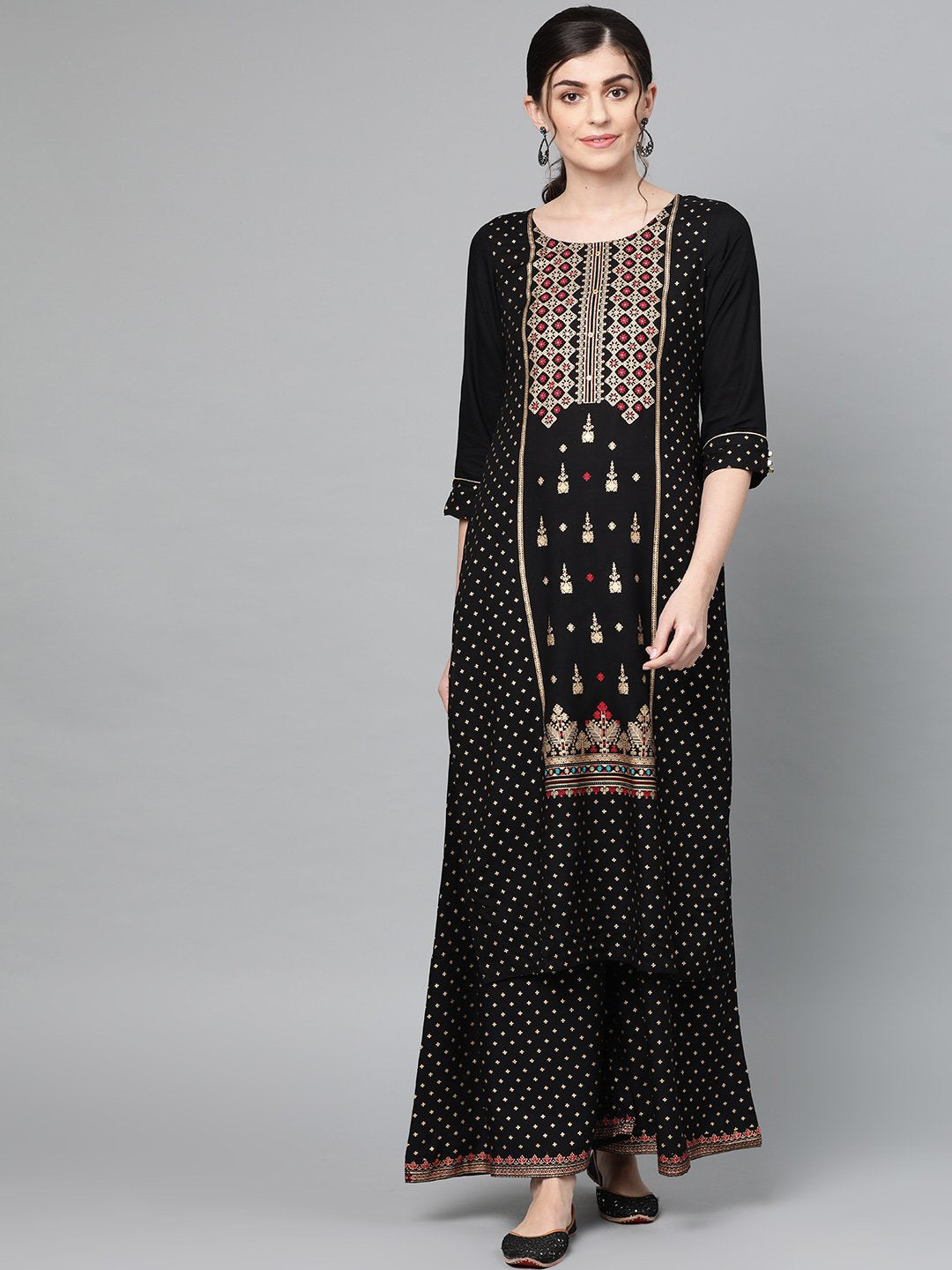 Ishin Women's Rayon Black Foil Printed A-Line Kurta Palazzo Set